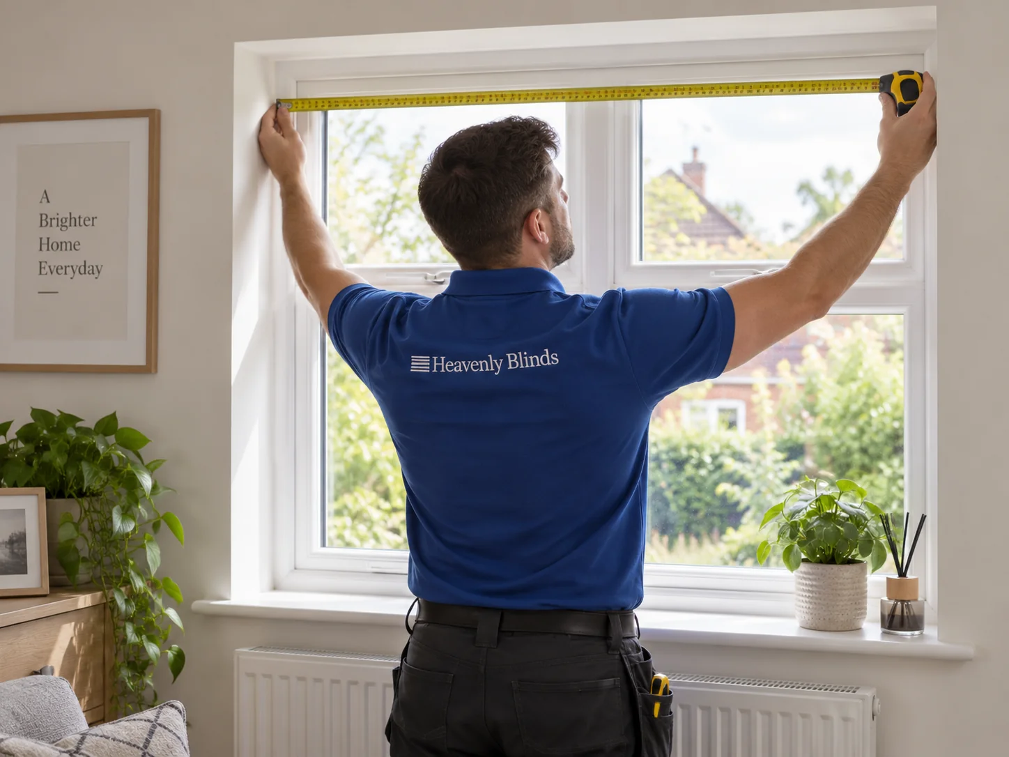 Heavenly Blinds technician measuring the width of a window recess.