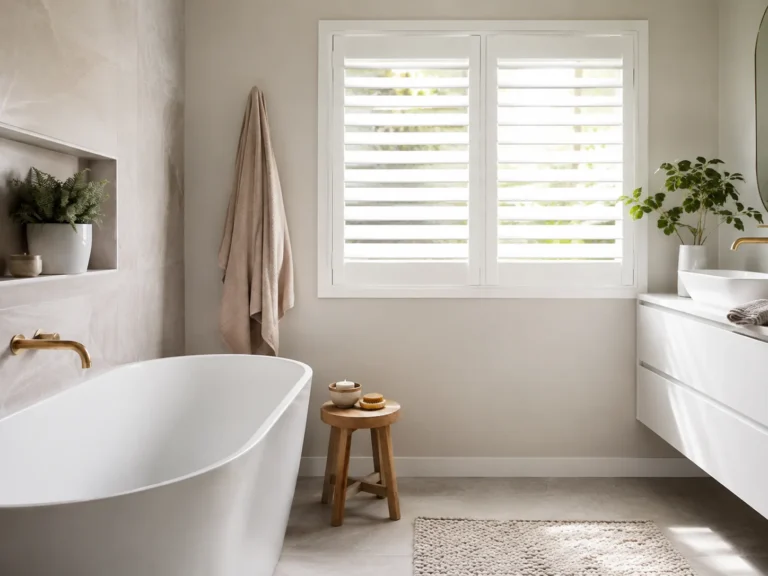 White full-height louvred shutters fitted to a bathroom window.