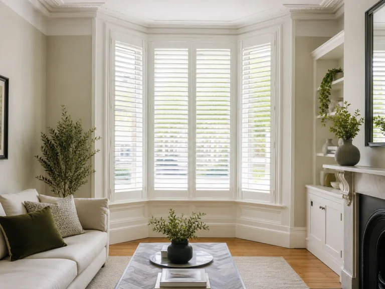 White full-height shutters fitted across a bay window in a living room.