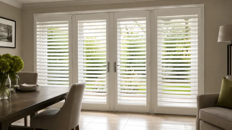 White full-height shutters fitted across glazed French doors in a dining/living area.