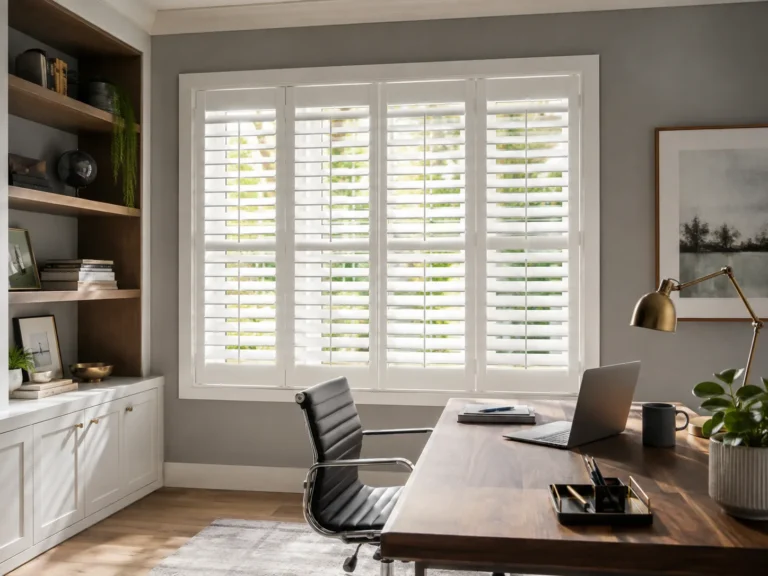 White full-height shutters fitted to a home-office window.