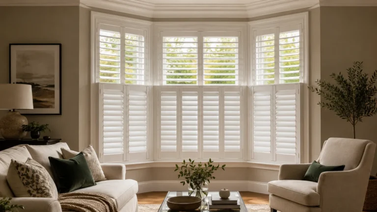 White tier-on-tier shutters fitted across a bay window in a living room.